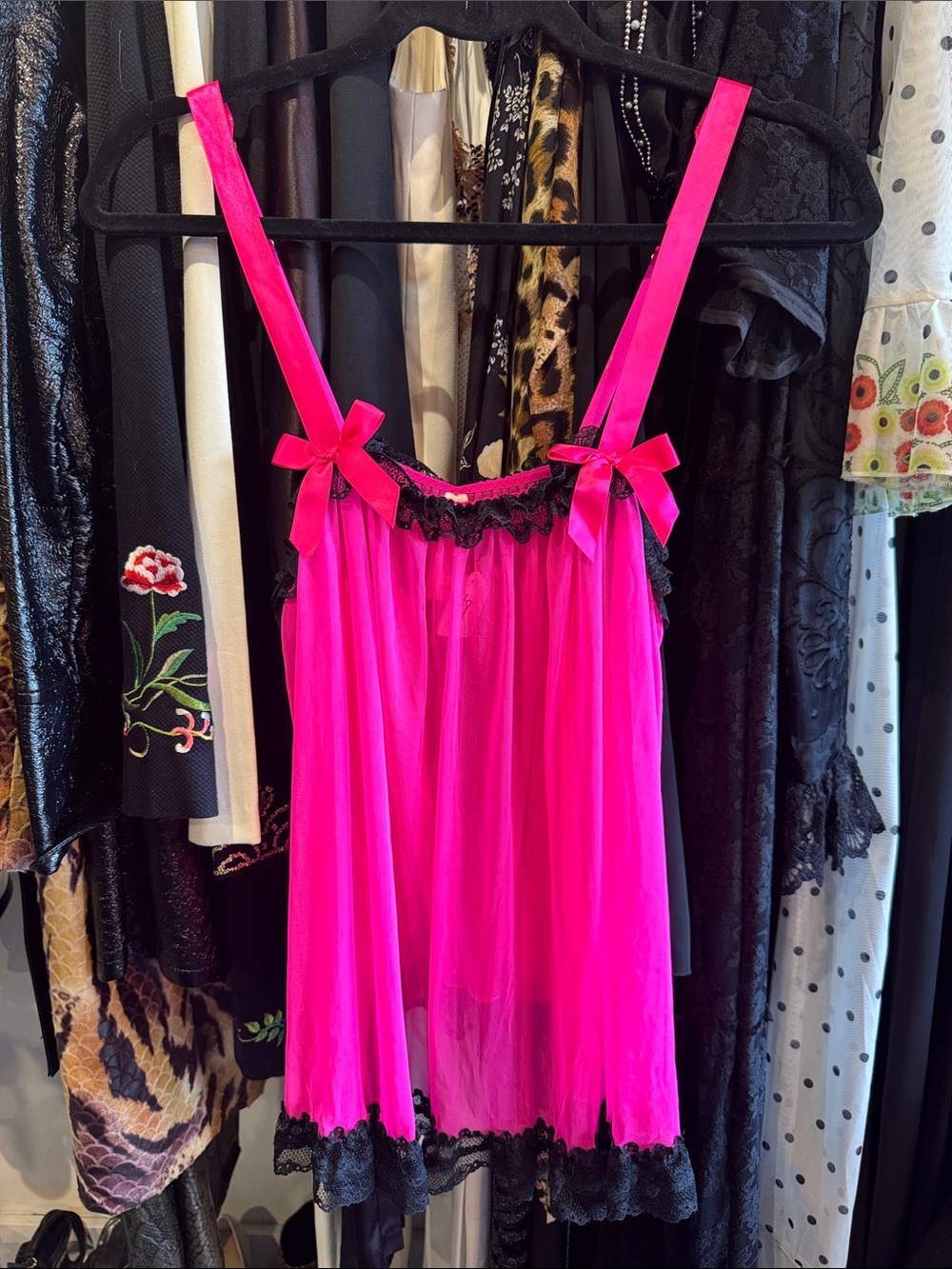 Victoria’s Secret Hot Pink Sheer Babydoll Slip Top with Black Lace Trim & Bows